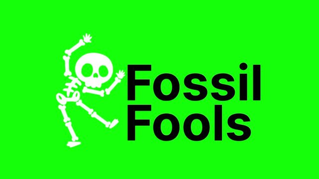 Fossil Fools Day text animation concept with human skeleton vector icon symbol popup. Animated black word design, editable lettering motion graphic video template with green screen background.