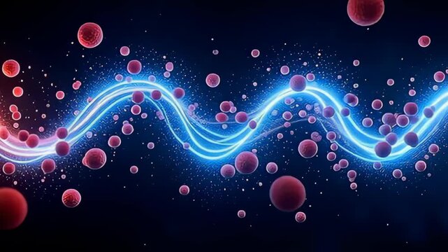 Set in a dynamic interplay of fiery reds and cool blues, erratic bursts of illumination pulse to an unseen rhythm, where floating vitamin particles swirl in unison, crafting a stunning