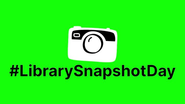 Library Snapshot Day text animation concept with digital camera vector icon symbol popup. Animated black word design, editable lettering motion graphic video template with green screen background.