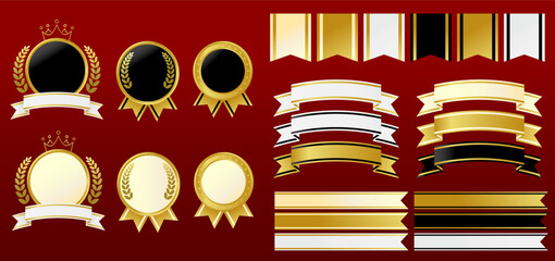 薄いクリーム色と黒色をベースにした、メダルとリボンのベクターイラストレーションセット。