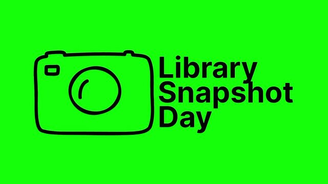 Library Snapshot Day text animation concept with digital camera vector icon symbol popup. Animated black word design, editable lettering motion graphic video template with green screen background.