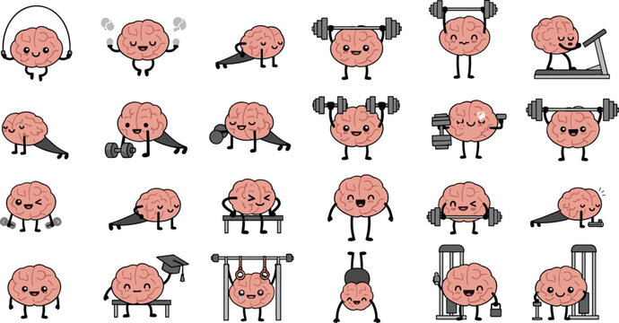 Cute cartoon brain character working out in gym set for mental health, cognitive fitness, intelligence training, memory power, and educational psychology concept