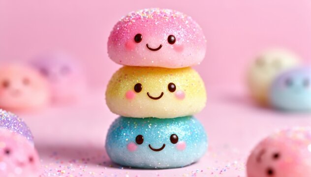 Sweet Pastel Mochi Pile: A delightful tower of pastel-colored mochi, each with a cheerful face, sits invitingly on a soft pink surface.  The image radiates fun, cuteness.