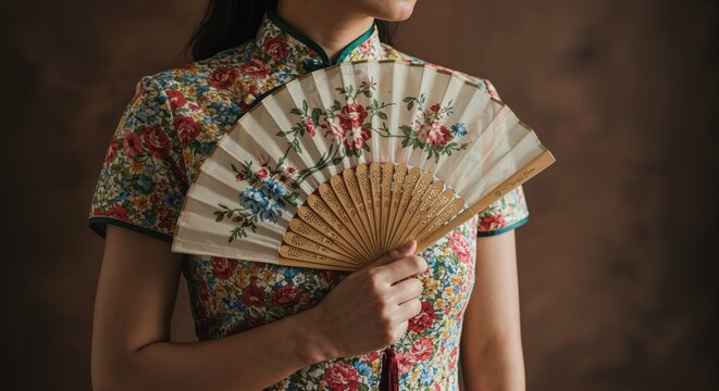 Woman with Cheongsam and Fan: A lady draped in a Cheongsam, elegantly holding a vintage fan, embodying the cultural richness of traditional wear and accessories.