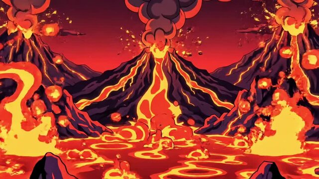 Volcanic eruption landscape with lava and smoke.
