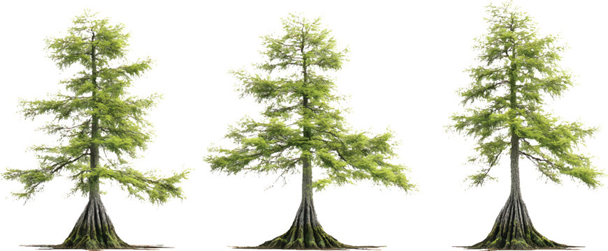 3 images of different styles of bald cypress trees, on a transparent background