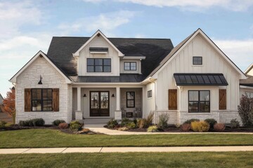 Modern house with stone and wood features located in a suburban area surrounded by grass and small plants on a clear day in the afternoon