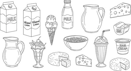 Dairy product vector set featuring milk cartons glass bottles cheese wedges yogurt containers ice cream sundaes and whipped cream in hand-drawn line art