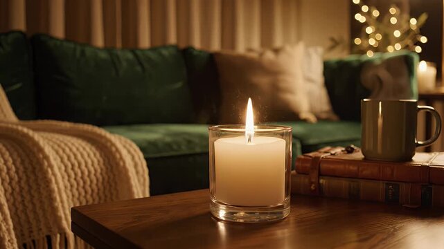 Warm Candlelight Glow in a Cozy Living Room Setting, Perfect for Relaxing Evenings.
