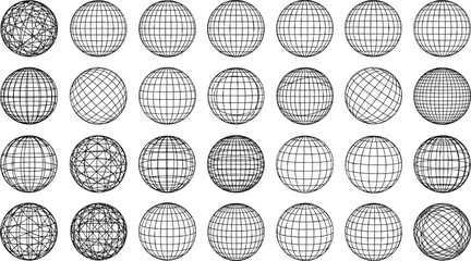 Global network wireframe sphere set with geometric grid globes for technology connectivity world wide web and data science concepts