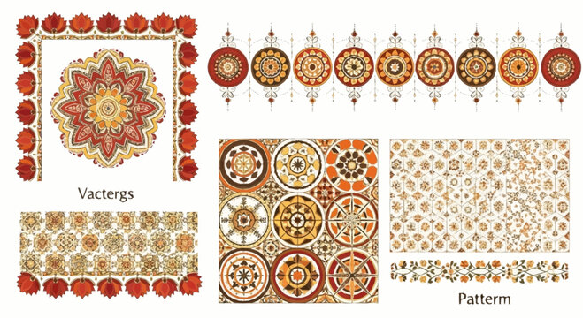 Traditional Indian patterns and designs featuring intricate mandalas and ornaments in a cultural context