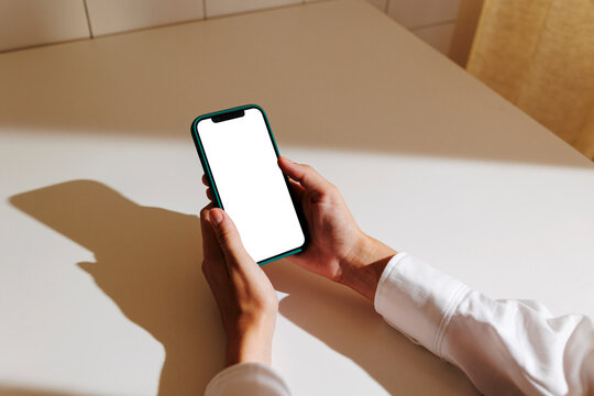 Manager holding smartphone with 
blank display in office desk