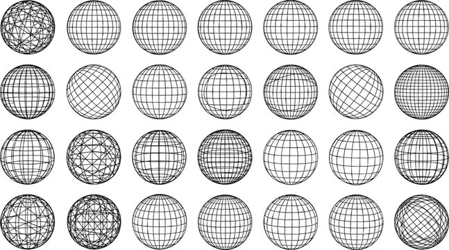 Global network wireframe sphere set with geometric grid globes for technology connectivity world wide web and data science concepts