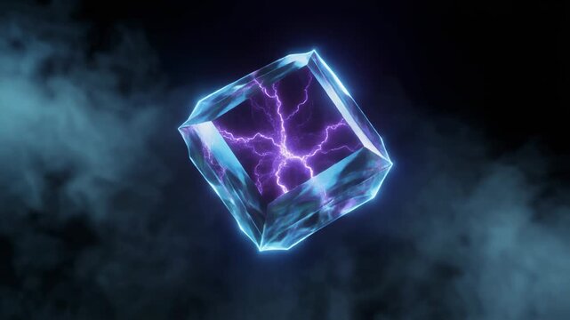 Glowing crystal cube with electric purple lightning energy in dark smoky background