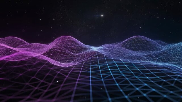 Abstract futuristic digital landscape with glowing purple and blue grid waves under starry night sky