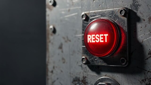 Close up of hand wearing black glove pressing red reset button on industrial control panel