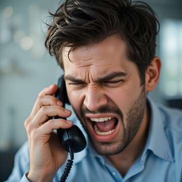 Angry man talking on the phone very emotionally.
A man is talking on speakerphone.
Dissatisfied guy shouting at his interlocutor on the phone