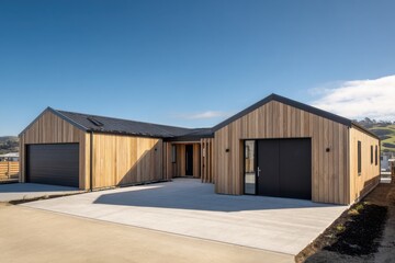 Obraz premium Newly built wooden house with modern design in a rural area, showcasing a spacious entrance and clear skies during the day
