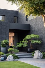 A contemporary home entrance featuring a beautifully landscaped yard adorned with an array of vibrant plants and strategically placed rocks, all illuminated by the warm glow of late afternoon sunlight