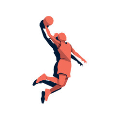 Dynamic basketball player in midair slam dunk action. © Romlah