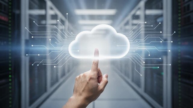 Hand pointing at glowing cloud icon with digital data connections in futuristic server room