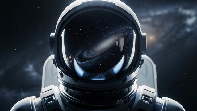 Astronaut in space suit floating in deep space with galaxy reflection on helmet visor