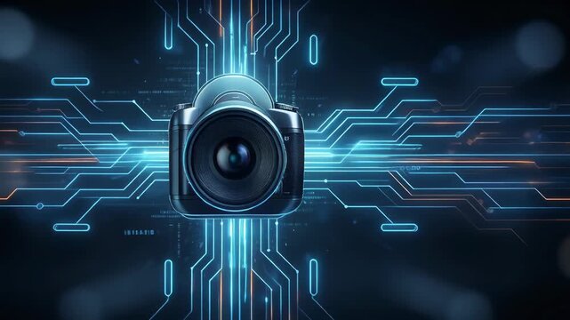 Digital camera with futuristic circuit lines technology concept background in blue and orange light