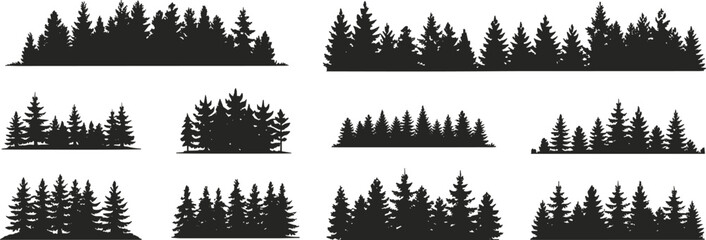 Forest tree silhouette borders bundle, pine woodland horizon lines for landscape backgrounds, natural outdoor black vector divider collection © MdAnisur