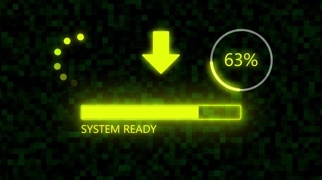 Digital SYSTEM READY  Progress Bar with Yellow Glowing Download Arrow and Loading 0 to 100% Percentage