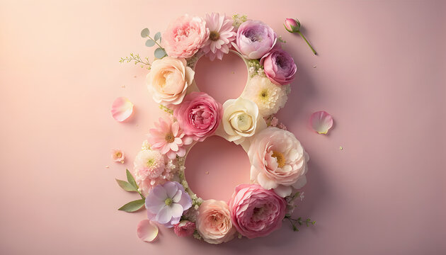 Elegant floral number 8 arrangement with pastel flowers on a soft pink background, celebrating International Women's Day