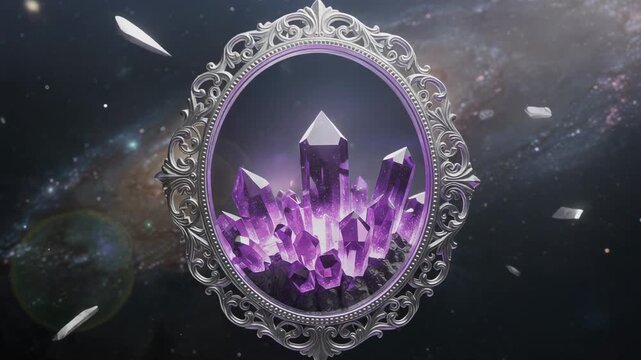 Mystical purple crystals in ornate silver frame floating in cosmic space with glowing galaxy background