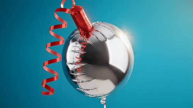 Silver foil balloon with red attachment and curly ribbon on blue background