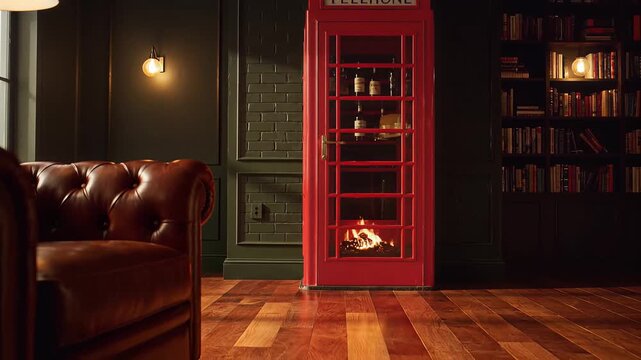 Red telephone booth bar with fireplace in luxury library lounge for interior design