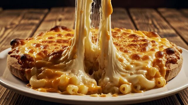 Epic Golden Baked Mac and Cheese with Incredible Stretchy Cheese Pull Action on Rustic Wood.