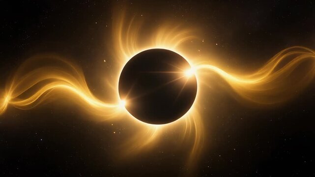 Stunning solar eclipse with glowing golden solar flares and dark space background