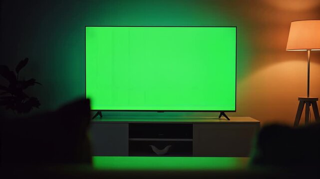 Television with green screen in dark living room for chroma key replacement and media mockup