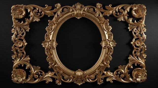 Elegant antique gold ornate floral decorative frame with intricate vintage baroque design on black