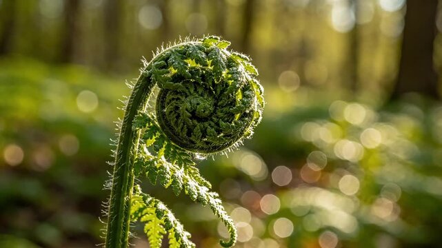 Fiddlehead fern curled up in a forest.