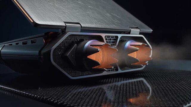 Futuristic laptop cooling system with glowing orange exhaust vents on carbon fiber surface