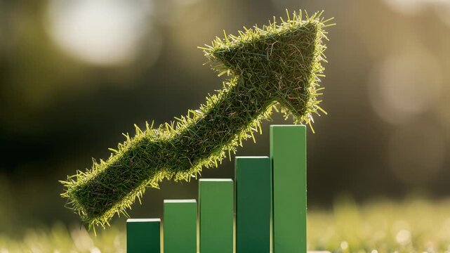 Green growth concept with upward arrow made of grass on bar chart symbolizing eco friendly business success