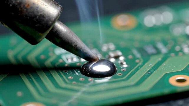Soldering iron melting solder on green circuit board for electronics repair
