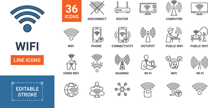 Set of 36 editable WiFi line icons covering wireless signal strength network hardware and public hotspot concepts