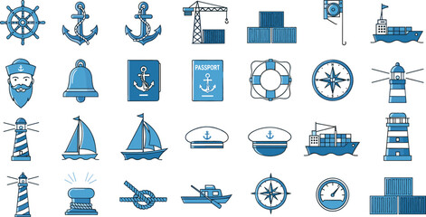 Comprehensive blue nautical icon set featuring anchors lighthouses cargo ships sailor captain passport and maritime sailing equipment vector illustration © NURUL