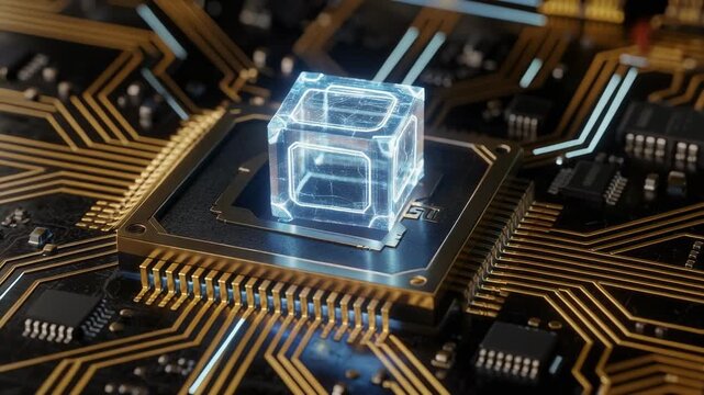 Futuristic glowing cube on high tech computer circuit board with gold and black design