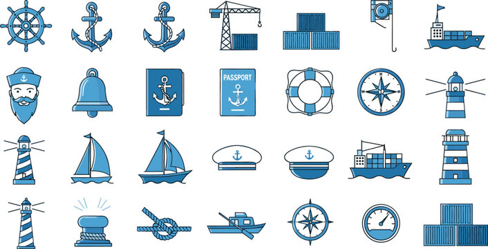Comprehensive blue nautical icon set featuring anchors lighthouses cargo ships sailor captain passport and maritime sailing equipment vector illustration