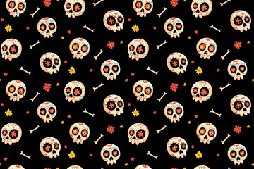 Seamless Cute Sugar Skull Pattern on Black Background