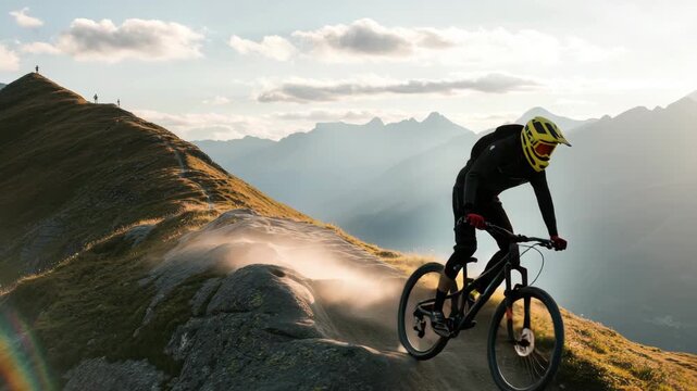 Thrill-seeking mountain biker soaring down rugged trail with breathtaking view