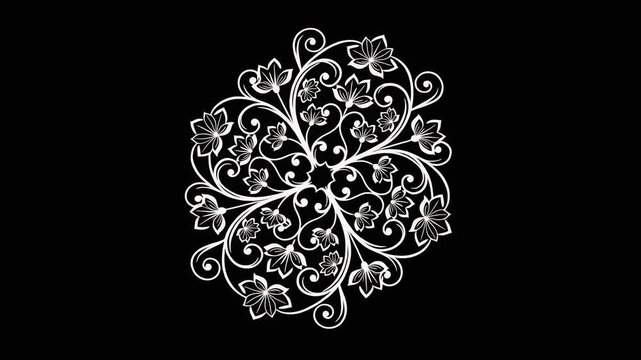 Elegant floral mandala design with intricate white flowers and swirling patterns on black background