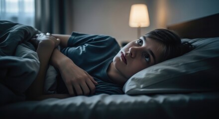 Obraz premium A woman lies awake in bed at night, struggling with insomnia and unable to sleep.