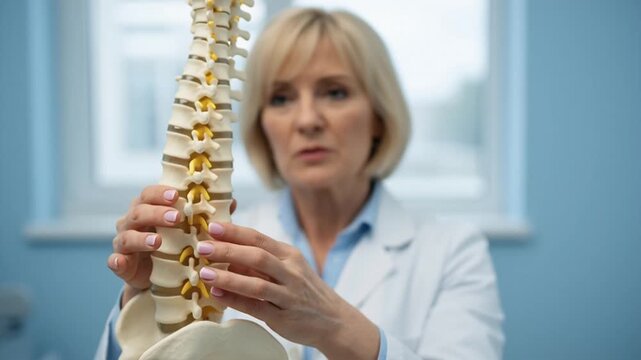 Detailed spine model examined by medical professional in lab